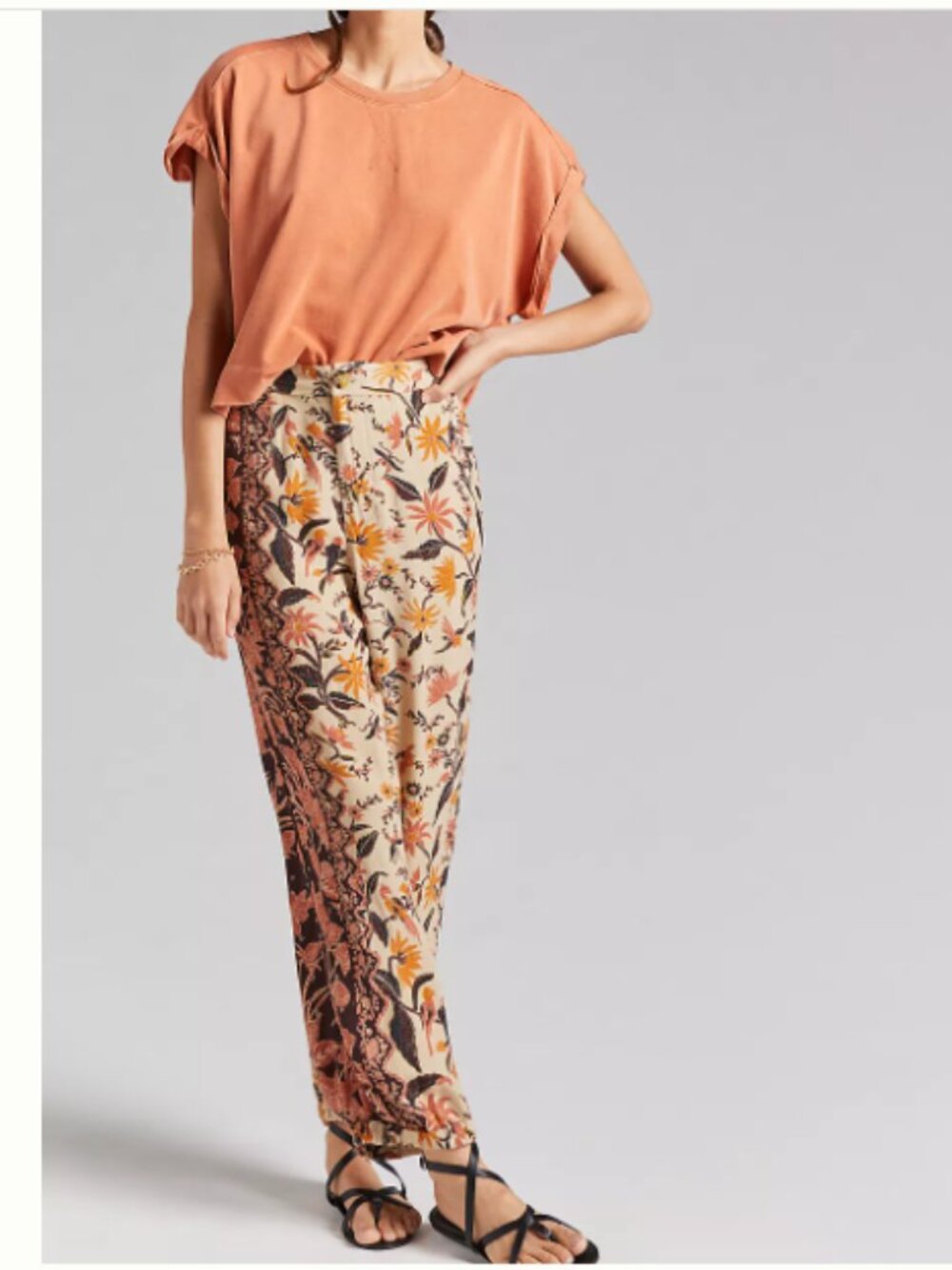 Anthropologie Smocked Balloon Leg Pants Jogger Leaf Floral Beige Brown Size 4 - Picture 3 of 14